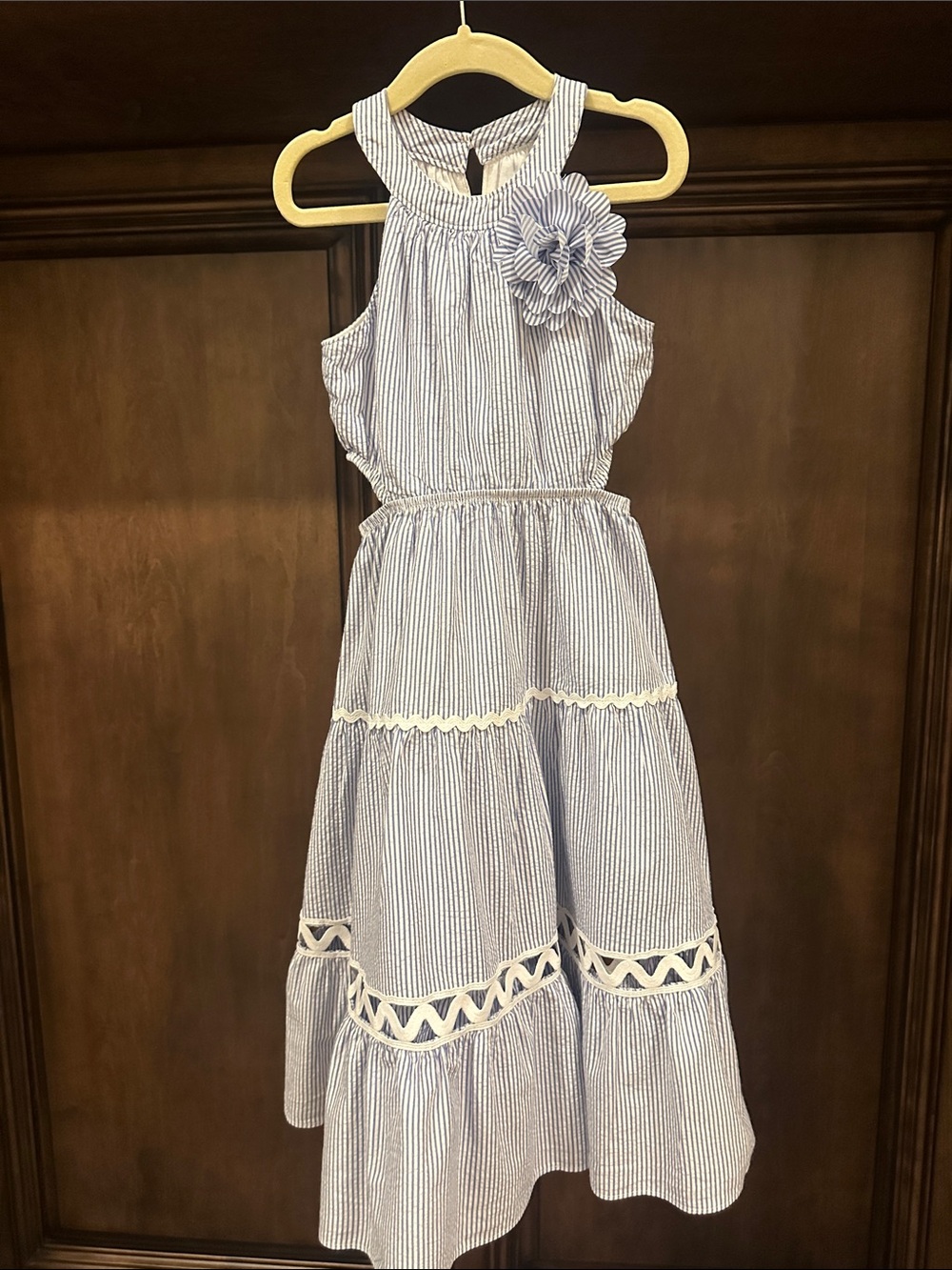 Girls' Blue and White Striped Halter Dress with Floral Accent